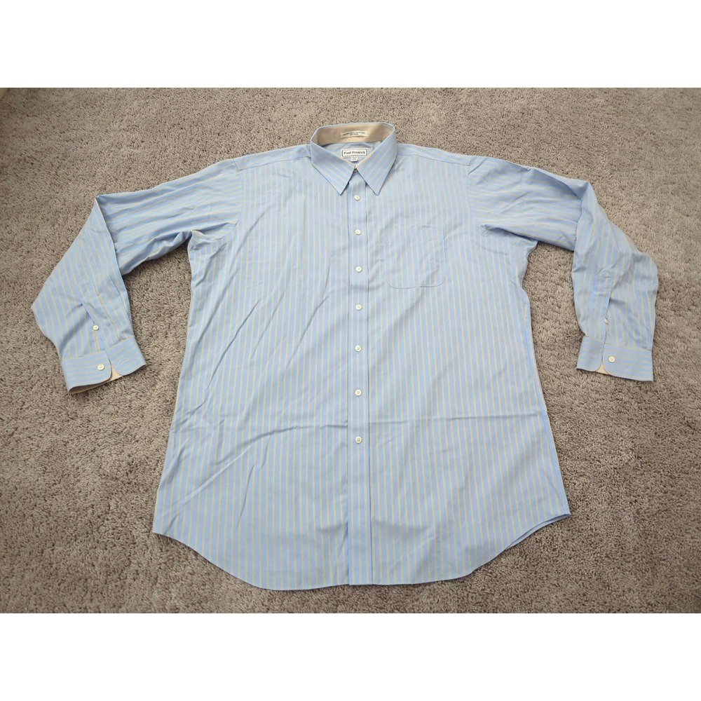 Paul Fredrick Button Up Shirt Mens 17.5 Blue Striped Non-Iron Two-Ply Cotton